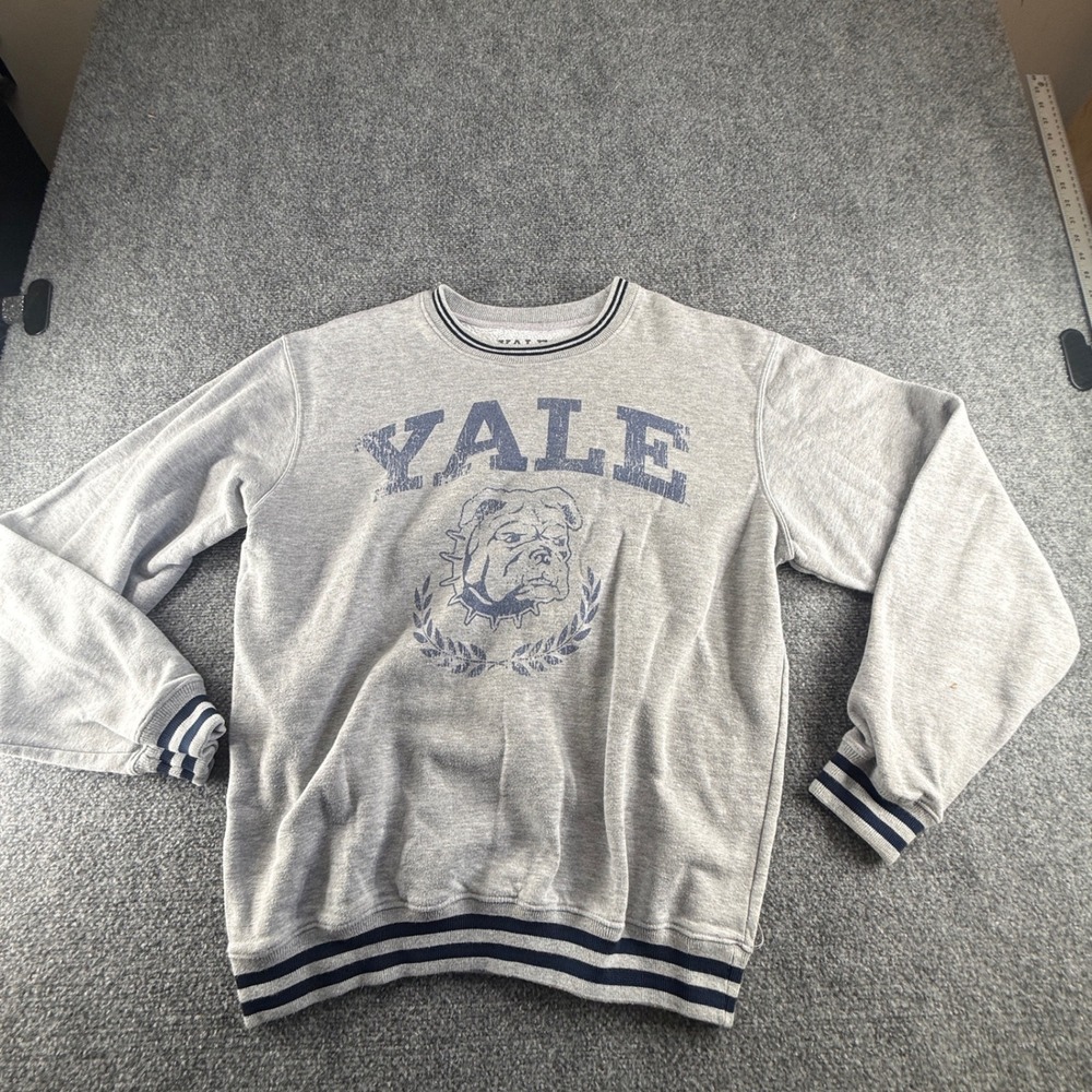 Yale University Bulldog Handsome Dan Sweatshirt Gray Navy Striped Trim Large